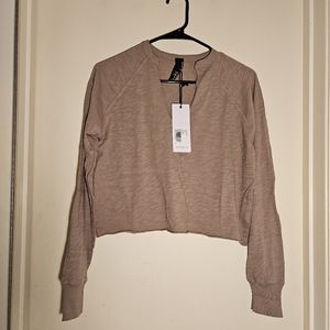 NWT Bobi Split Neck Long Sleeve Crop Top Taupe XS